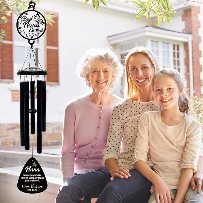 Personalized Wind Chimes for Mom Grandma Nana Mimi Gigi - Customized Mother's Day Birthday Gift from Daughter Son - Large Deep Tone Outdoor Metal Windchime for Garden Patio - Best Mom Ever Home Decor
