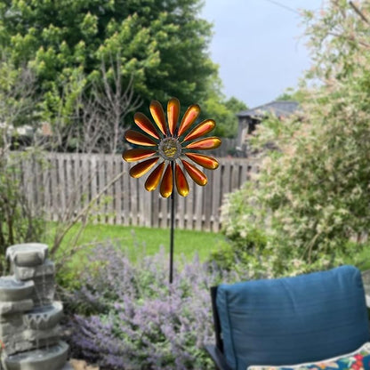 Solar Daisy Garden Wind Spinner, 44.48 Inch, Metal Stake Yard Wind Spinner with Solar-Powered Warm White LED Glass Globes and Dynamic Spinning Windmill for Yard Decor. Orange