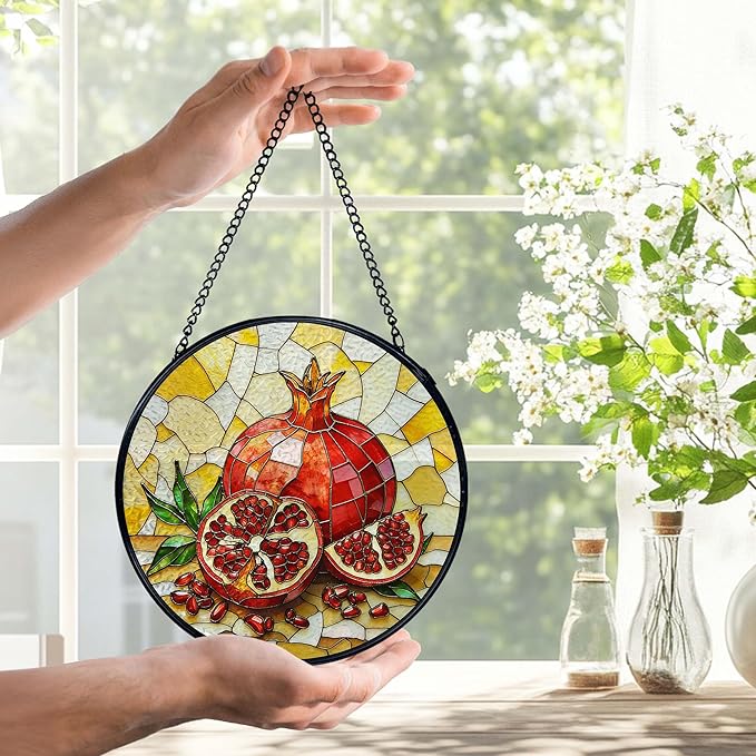 Pomegranate Decor, Summer Pomegranate Suncatchers Stained Glass Window Hanging, Summer Fruit Sun Catchers Indoor Window Glass Round Wall Decor, Fruit Kitchen Decor 7.9x7.9in
