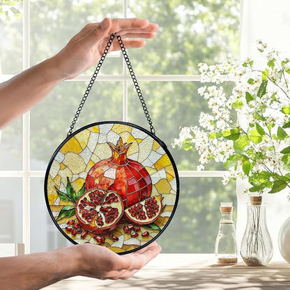Pomegranate Decor, Summer Pomegranate Suncatchers Stained Glass Window Hanging, Summer Fruit Sun Catchers Indoor Window Glass Round Wall Decor, Fruit Kitchen Decor 7.9x7.9in
