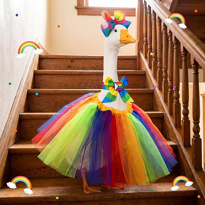 Abbylike Rainbow Porch Goose Outfit Pride Goose Outfit LGBTQ Lawn Geese Costume Clothes with Bow Headband and Tie Fits 23" Cement Geese Statue for Pride Month Outdoor Garden Yard Patio Art Decor
