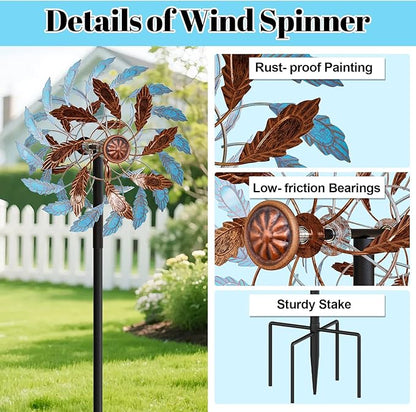 Metal Outdoor Wind Spinner, Wind Sculpture Spinner with Metal Stake, Waterproof 360 Degrees Kinetic Windmill Art Decoration for Patio Garden Lawn (Blue+Brown)
