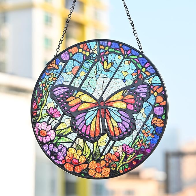 Stained Glass Window Hanging - Butterfly and Floral Suncatcher Handmade Decorative Glass Art Panel Sun Catcher for Windows, Home, and Garden, Indoor & Outdoor Decoration