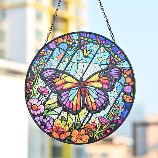 Stained Glass Window Hanging - Butterfly and Floral Suncatcher Handmade Decorative Glass Art Panel Sun Catcher for Windows, Home, and Garden, Indoor & Outdoor Decoration