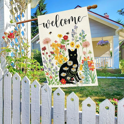 Baccessor Spring Summer Black Cat House Flag Double Sided 28x40 Inch Burlap,Floral Flowers Welcome Large Garden Flag Porch Patio Front Yard Seasonal Farmhouse Outside Outdoor Decor