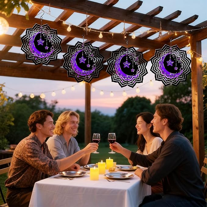 8 Inch Sublimation Wind Spinner, 3D Aluminum Metal Wind Spinner with Hook, Indoor Yard Garden Hanging Decoration, Weather Resistant Rotating Spiral Ornament, Purple Moon and Stars
