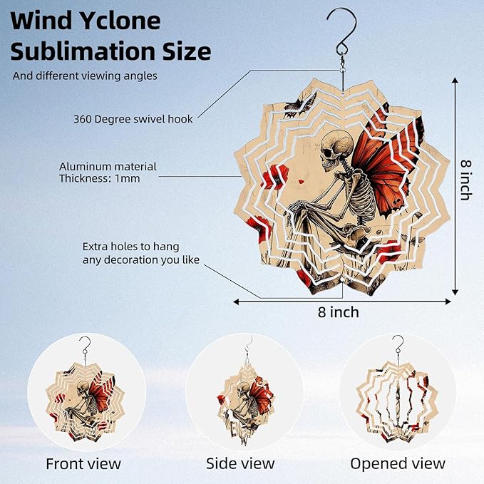 8 Inch Sublimation Wind Spinner, 3D Aluminum Metal Wind Spinner with Hook, Indoor Yard Garden Hanging Decoration, Weather Resistant Rotating Spiral Ornament, Skeleton with Butterfly Wings