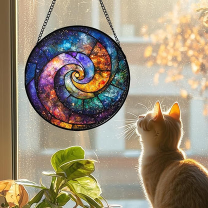 Stained Glass Window Hanging, Blue Orange Starry Sky Sun Catcher for Door Terrace Garden Home Decor, Abstract Universe Suncatcher Birthday Gifts for Lovers Women Men Dad Mom Nana 6.3 in