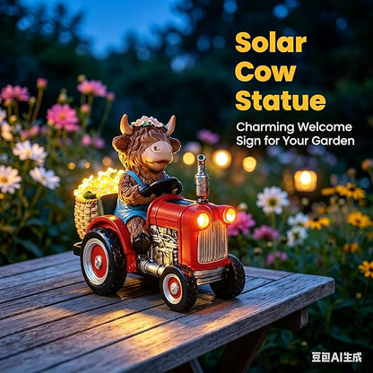 Highland Cow Garden Statue with Solar Light, Farm Animal Decor for Garden, Patio or Lawn, Tractor Riding Outdoor Ornament with Purple Flowers