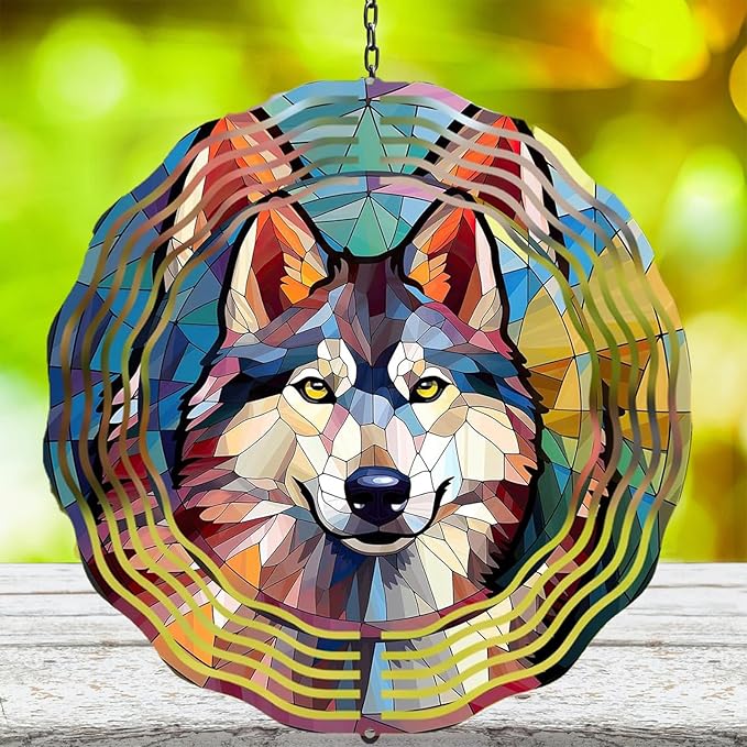 Wind Spinner Wolf 12 Inch Large Stainless Steel 3D Kinetic Wind Sculptures Hanging for Fall Halloween Outdoor Yard Patio Garden Decorations