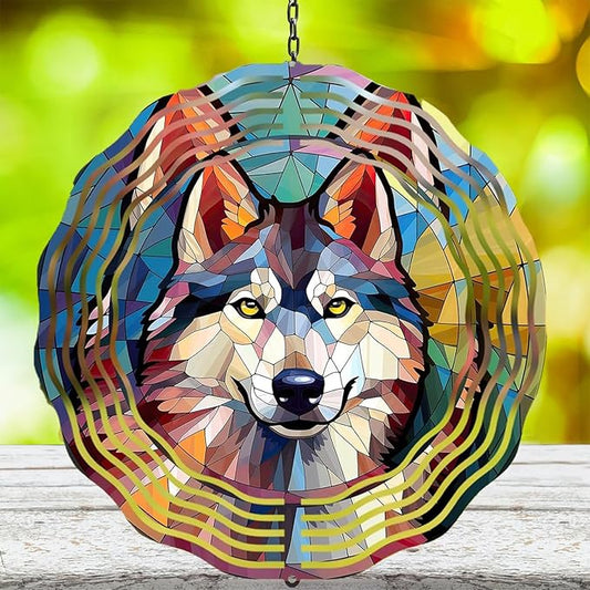 Wind Spinner Wolf 12 Inch Large Stainless Steel 3D Kinetic Wind Sculptures Hanging for Fall Halloween Outdoor Yard Patio Garden Decorations