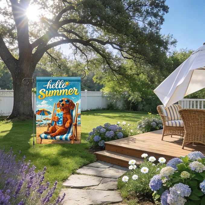 Nuxovilar Summer Garden Flag Hello Summer Dog Sunglasses Beach Chair Pattern Polyester 12x18 Inches Garden Flags for Outside Fun Decor Yard Porch Lawn
