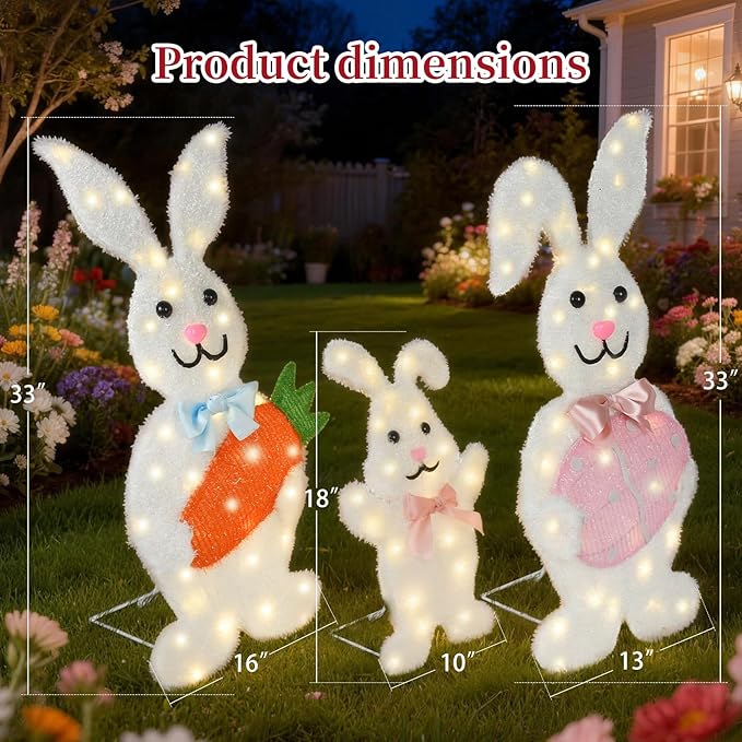 Outdoor Lighted Easter Bunny Yard Decorations, Metal Bunny Family Set of 3, Plug-in Pre-Lit LEDs for Lawn Garden Front Porch