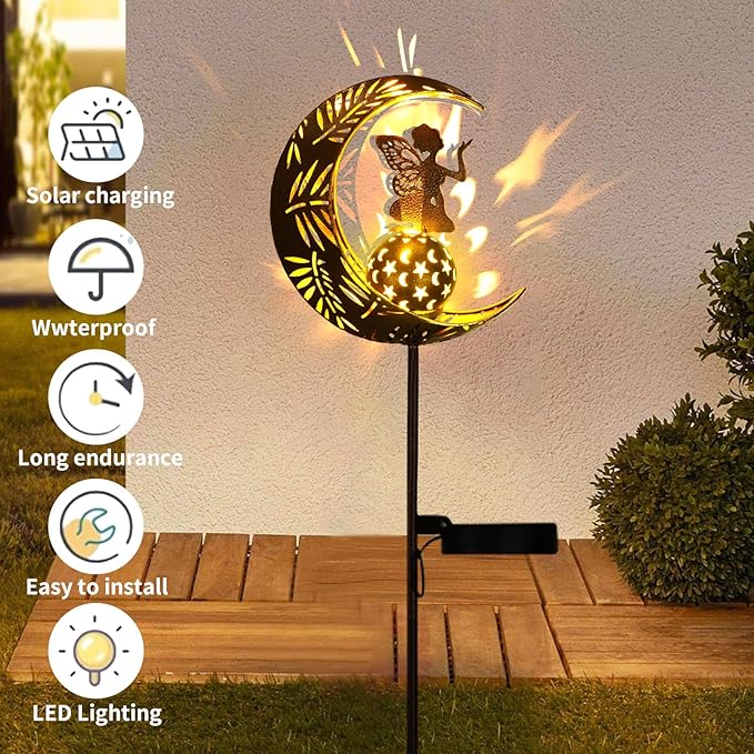 ZKLiLi Garden Solar Lights Pathway Stake Lights Moon Fairy with Angel Decor, Gardening Birthday Gift for Mom Grandma Friends, Outdoor Decor Light Waterproof for Walkway, Yard, Patio