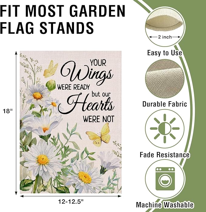 Artofy Memorial Daisy Flower Small Decorative Garden Flag, Your Wings Were Ready Floral Butterfly Cemetery Yard Lawn Outside Decor, Spring Summer Burlap Outdoor Home Decoration Double Sided 12 x 18