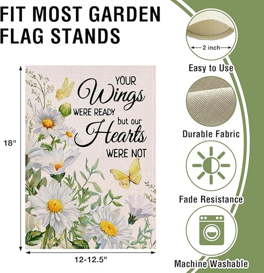 Artofy Memorial Daisy Flower Small Decorative Garden Flag, Your Wings Were Ready Floral Butterfly Cemetery Yard Lawn Outside Decor, Spring Summer Burlap Outdoor Home Decoration Double Sided 12 x 18