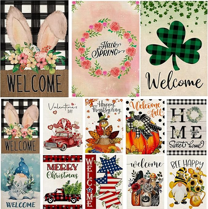 Seasonal Garden Flags for Outside, 12x18 Double Sided Yard Flags Outdoor Holiday Decor Set of 12 Small Burlap Welcome Garden Flags for All Seasons (Seasonal 01)