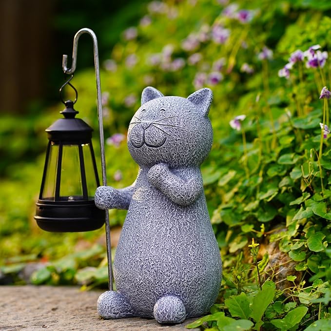 Qeeman Solar Cat Garden Statue: Weatherproof Resin Figurine with Warm Glow Lantern - Outdoor Decor for Yard Pathway Patio Porch Balcony - Gifts for Mom Grandma Cat Lovers