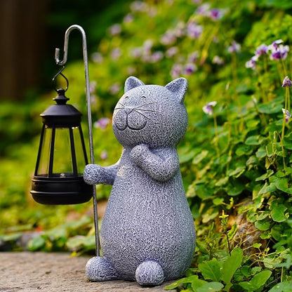 Qeeman Solar Cat Garden Statue: Weatherproof Resin Figurine with Warm Glow Lantern - Outdoor Decor for Yard Pathway Patio Porch Balcony - Gifts for Mom Grandma Cat Lovers