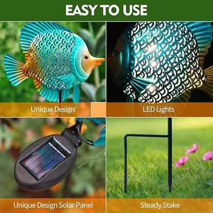 HONGLAND Solar Pathway Lights, Outdoor Solar Powered Garden Lights with Warm Yellow LED, Metal Fish Design Stake for Lawn, Yard, Patio and Landscape Decoration (Waterproof)