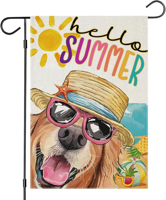 Hello Summer Garden Flags for Outside, Dog with Sunglass Beach Sun Hat Yard Decoration, Small Seasonal Outdoor Decor for Spring Farmhouse Holiday,12x18 Inch Double Sided