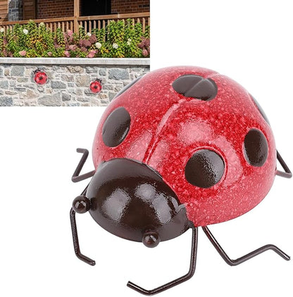 Metal Garden Wall Art Decor Cute Wall Sculptures Statues Outdoor Decoration Yard Lawn Porch Fence Ornaments, Handcrafted Iron Decorative Ladybird Sculpture Art