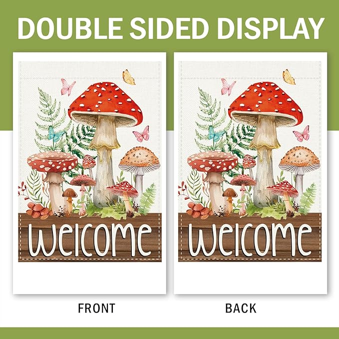 Welcome Spring Summer Mushroom Decorative Garden Flag, Fairy Tale Forest Fern Plant Butterfly Small Yard Outside Decorations, Farmhouse Botanical Burlap Outdoor Home Decor Double Sided 12 x 18