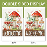 Welcome Spring Summer Mushroom Decorative Garden Flag, Fairy Tale Forest Fern Plant Butterfly Small Yard Outside Decorations, Farmhouse Botanical Burlap Outdoor Home Decor Double Sided 12 x 18