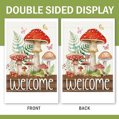 Welcome Spring Summer Mushroom Decorative Garden Flag, Fairy Tale Forest Fern Plant Butterfly Small Yard Outside Decorations, Farmhouse Botanical Burlap Outdoor Home Decor Double Sided 12 x 18