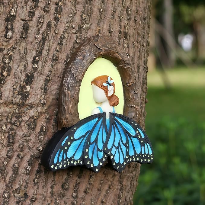 Fairy Out The Window Tree Hugger Garden Statue, Glow in The Dark Resin Fairy Figurine Wall Art Sculpture Outdoor Tree Faces Decor for Patio Lawn Yard Ornaments (Blue)