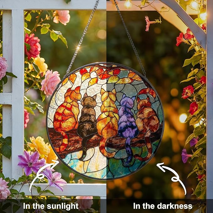 5 Cats on a Branch Stained Glass Window Hanging – Cute Sun Catchers Indoor Window Décor, Suncatchers for Windows Hanging with Warm Light Effect, Lovely Stained Glass Suncatcher for Home & Gift