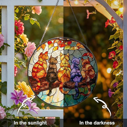 5 Cats on a Branch Stained Glass Window Hanging – Cute Sun Catchers Indoor Window Décor, Suncatchers for Windows Hanging with Warm Light Effect, Lovely Stained Glass Suncatcher for Home & Gift