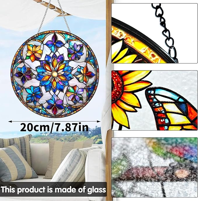 VAIIEYO Flower Sun Catcher Stained Glass Window Hanging Ornament, Handmade Sun Catcher Plant Decoration with Hooks for Window Garden Home, Mother's Day & Birthday Housewarming Gift (7.8 inch)