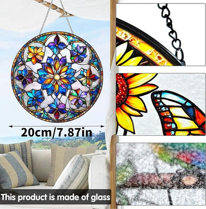 VAIIEYO Flower Sun Catcher Stained Glass Window Hanging Ornament, Handmade Sun Catcher Plant Decoration with Hooks for Window Garden Home, Mother's Day & Birthday Housewarming Gift (7.8 inch)