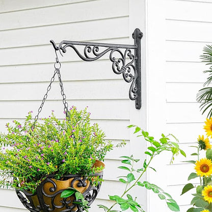Sungmor Decorative Cast Iron Hanging Bracket - 15.6" Thickened Outdoor Metal Plant Hangers, Vintage Scroll Design for Signs, Planters, Lanterns, Bird Feeders - 2 Pack Heavy Duty Wall Hooks, Black