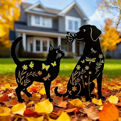 Black Metal Cat&Dog Silhouette Garden Stakes,Decorative Garden Stakes,Pet Memorial Grave Markers for Dogs&Cats,Outdoor Yard Art Decor, for Pet Lovers,Yard Art,Patio Lawn Ornaments