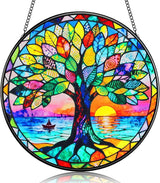 Stained Glass Tree of Life Suncatcher, Handmade Rainbow Maker Window Hanging for Garden or Home – Memorial & Sympathy Gifts, Remembrance Gift for Women Mom Family, Whimsical Decor (Colorful, Medium)
