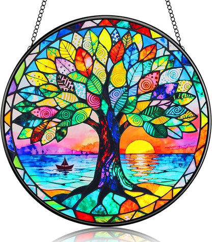 Stained Glass Tree of Life Suncatcher, Handmade Rainbow Maker Window Hanging for Garden or Home – Memorial & Sympathy Gifts, Remembrance Gift for Women Mom Family, Whimsical Decor (Colorful, Medium)