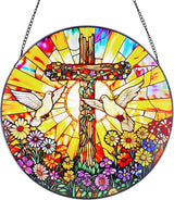 Stained Glass Hanging Doves and Cross Suncatcher, Renyalora 10 Inch Round Real Glass Christian Window Panel with Colorful Flowers Sun Catcher Window Hanging Decor for Home Windows Garden Church Decor