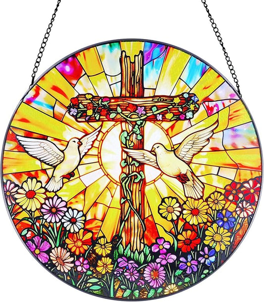 Stained Glass Hanging Doves and Cross Suncatcher, Renyalora 10 Inch Round Real Glass Christian Window Panel with Colorful Flowers Sun Catcher Window Hanging Decor for Home Windows Garden Church Decor