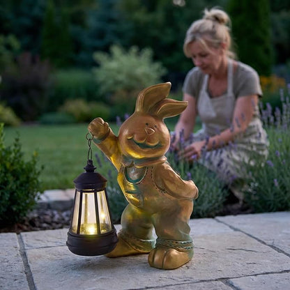 Solar Rabbit Garden Statue with LED Lantern - Outdoor Resin Animal Sculpture, Solar-Powered Waterproof Lawn Decor for Patio, Yard, Porch, Charming Easter Decor for Home & Garden (Bronze)