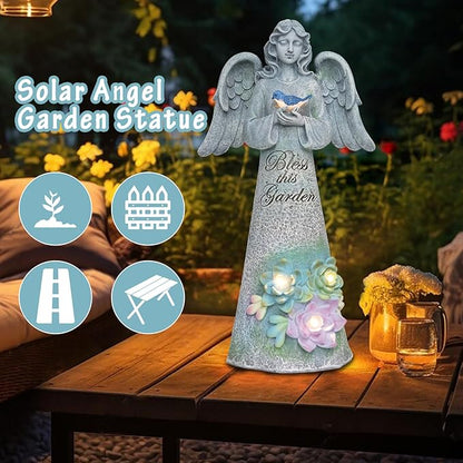 Angel Garden Statue Outdoor Decor, Angel Garden Holding Bird with Solar Lights, Gardening Gifts for Mom Grandma, Art Decoration Lawn Ornament Sculpture for Outside