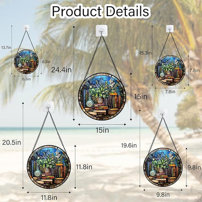 Stained Glass Window Hanging Teal Flower Vintage Books Large 15" - Blue Suncatcher Door Garden Sun Catcher Home Decor Birthday Christmas for Mom Men Woman Nana Friend