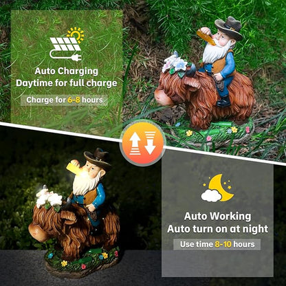 Gnome Gifts for Women, Solor Statue for Garden, Gnome and Highland cow Figurine with Lights, Outdoor Decorations for Yard Lawn Patio, Gifts for Mom Grandma Mother in Law Gardener Mother'Day