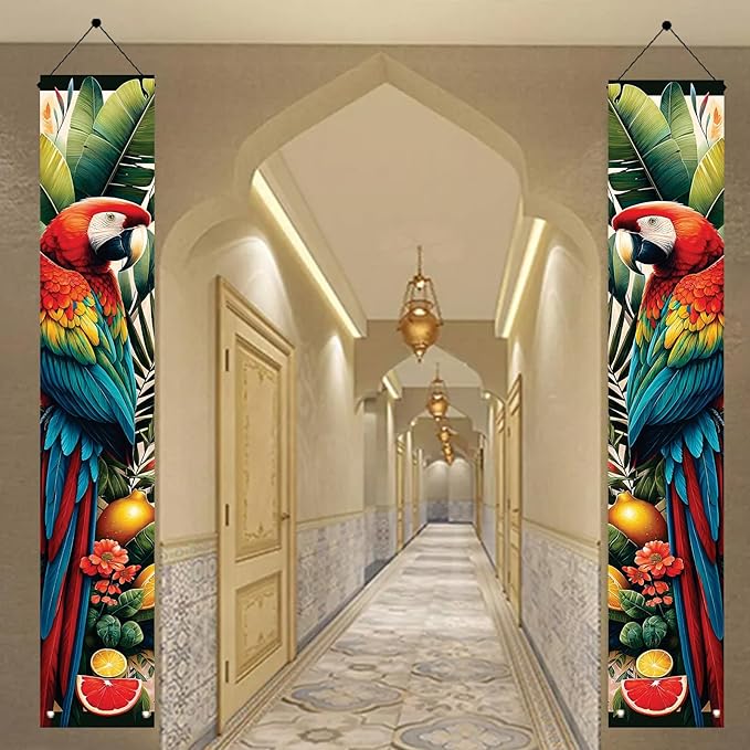 Summer Luau Tropical Parrot Porch Banners 71x12 Inch Party Decorations Colorful Macaw Hanging Door Signs Jungle Leaves Outdoor Patio Welcome Banner for Home Decor