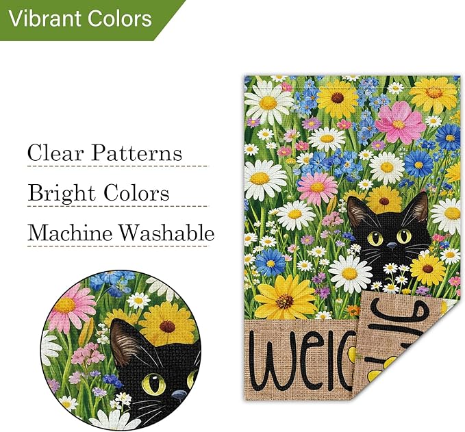 Louise Maelys Spring Summer Garden Flag Floral Daisy Black Cat Double Sided 12x18 Inch Seasonal Welcome Small Burlap Holiday Yard Sign Outdoor Outside Home Decoration