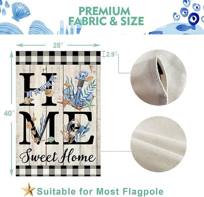ORTIGIA Beach House Flag 28 x 40 Inch Double Sided Burlap Home Sweet Home Blue Anchor Starfish Seashell Coastal Ocean Yard Flag Summer Holiday Seasonal Outdoor Outside Decoration(Large)