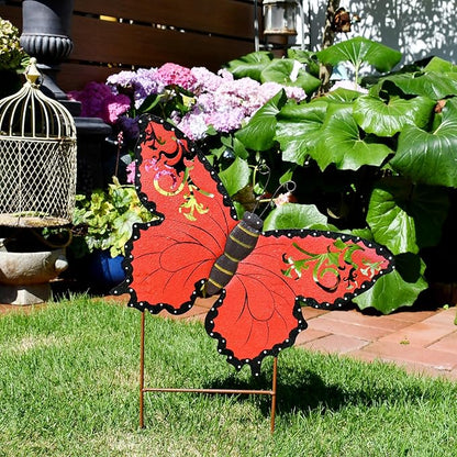 Attraction Design Butterfly Garden Stake Decorative Butterfly Yard Stake, Cute Insect Decor Metal Yard Art Decor Outdoor Garden Decoration for Patio Porch Lawn Pathway Backyard (Red)