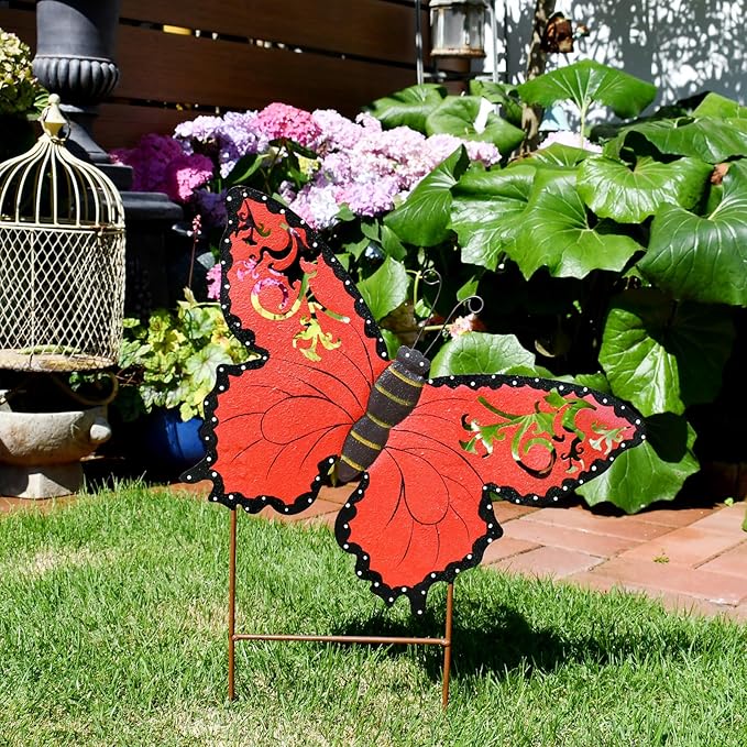 Linfevisi Metal Butterfly Garden Stakes Decor Spring Decorative Butterflies Yard Stake Lawn Ornaments Garden Decor Yard Art Decor Outdoor 18.5 Inch (Red)