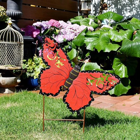 Linfevisi Metal Butterfly Garden Stakes Decor Spring Decorative Butterflies Yard Stake Lawn Ornaments Garden Decor Yard Art Decor Outdoor 18.5 Inch (Red)